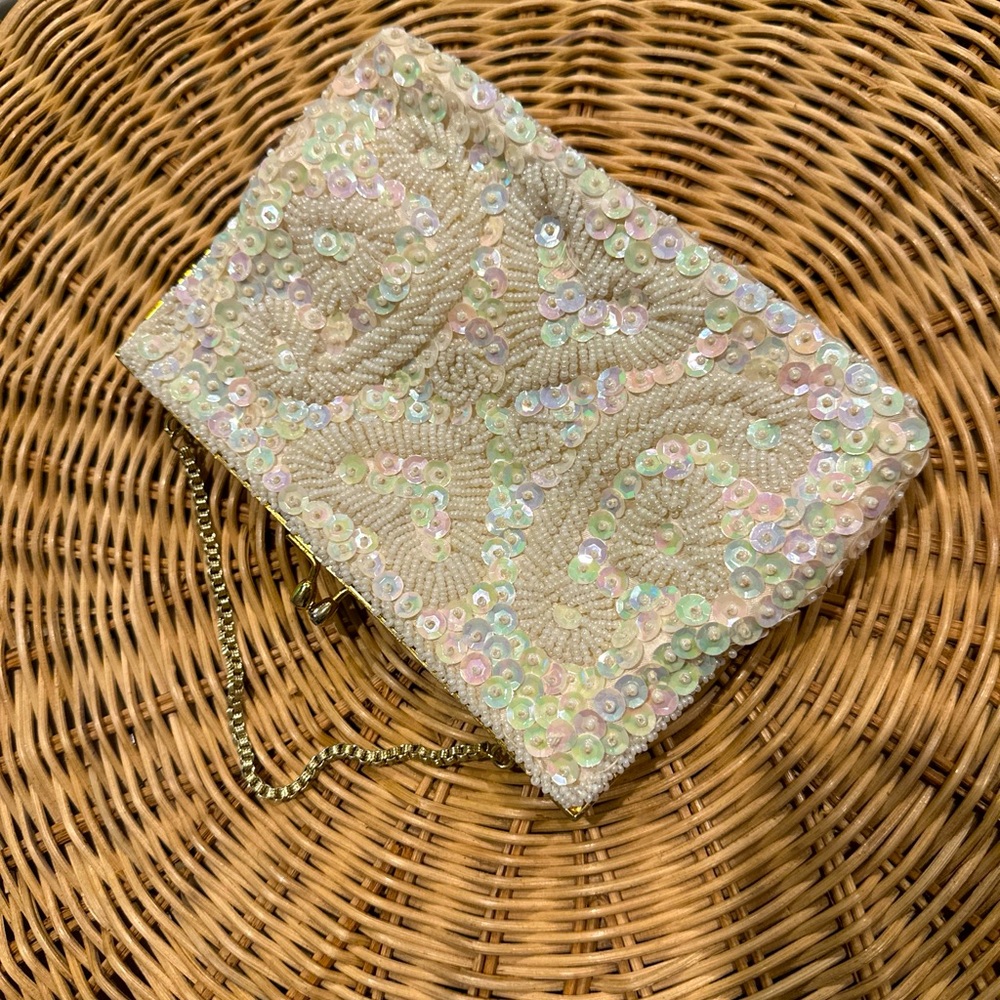Vintage white sequin beaded small purse clutch satin liner - Du-Val Design